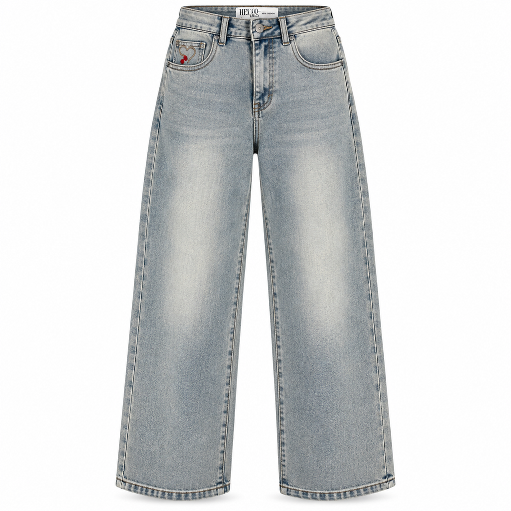 Wide-Leg Jeans mit Herz-Stickerei – Hellblau