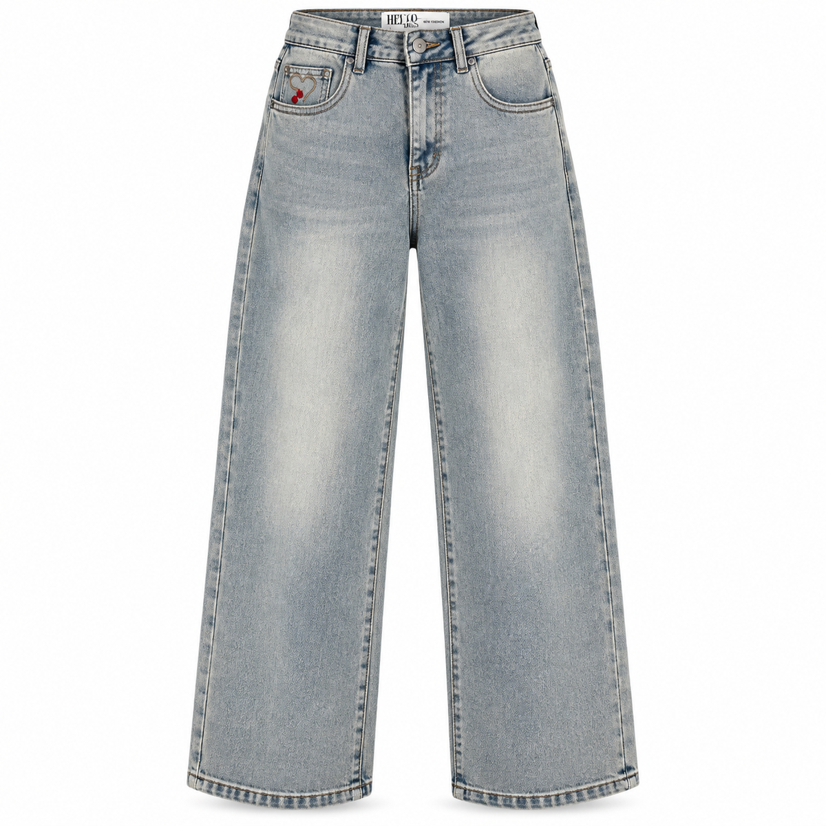 Wide-Leg Jeans mit Herz-Stickerei – Hellblau