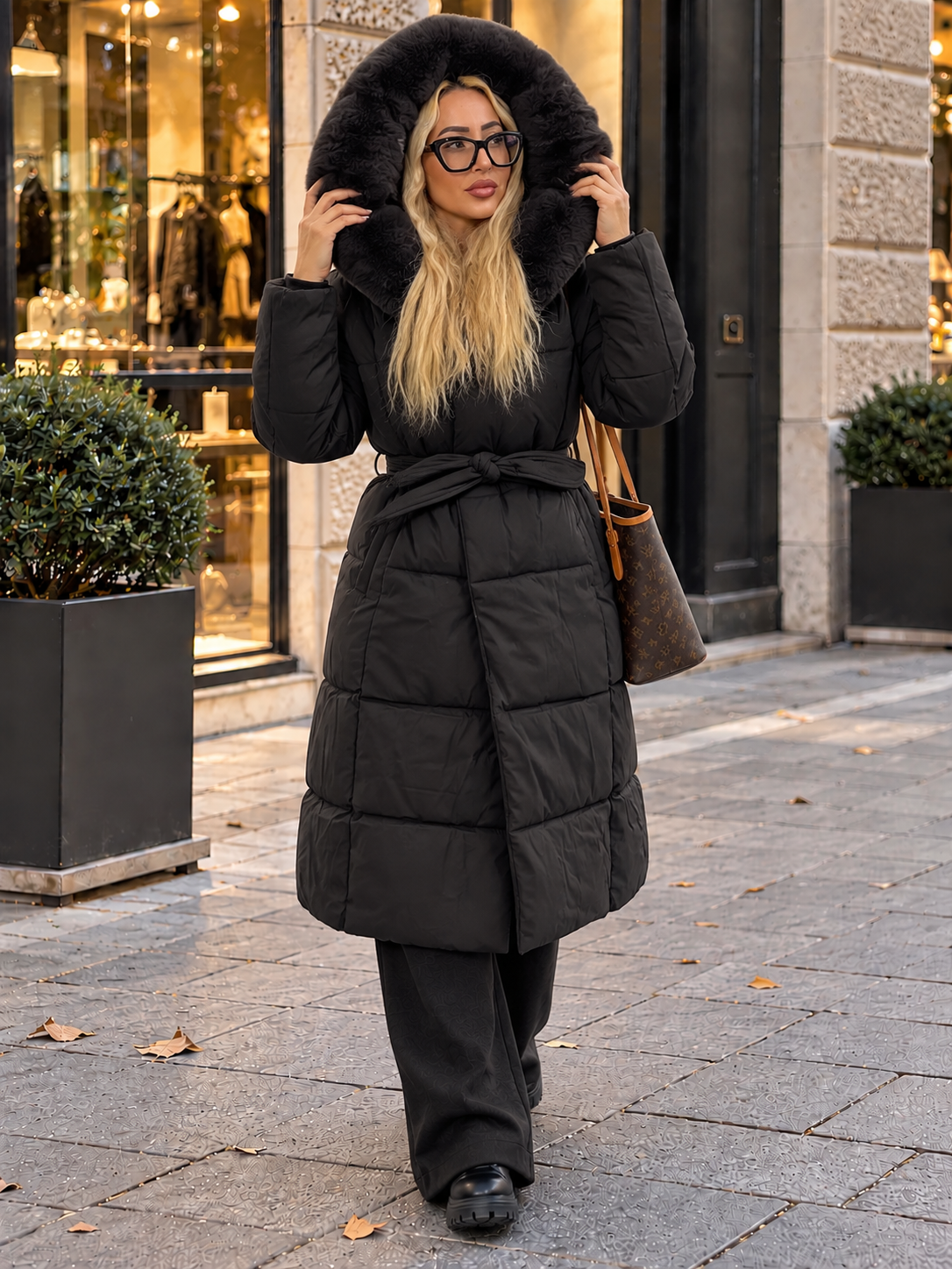 Damen Steppmantel mit abnehmbarem Fellbesatz und Bindegürtel