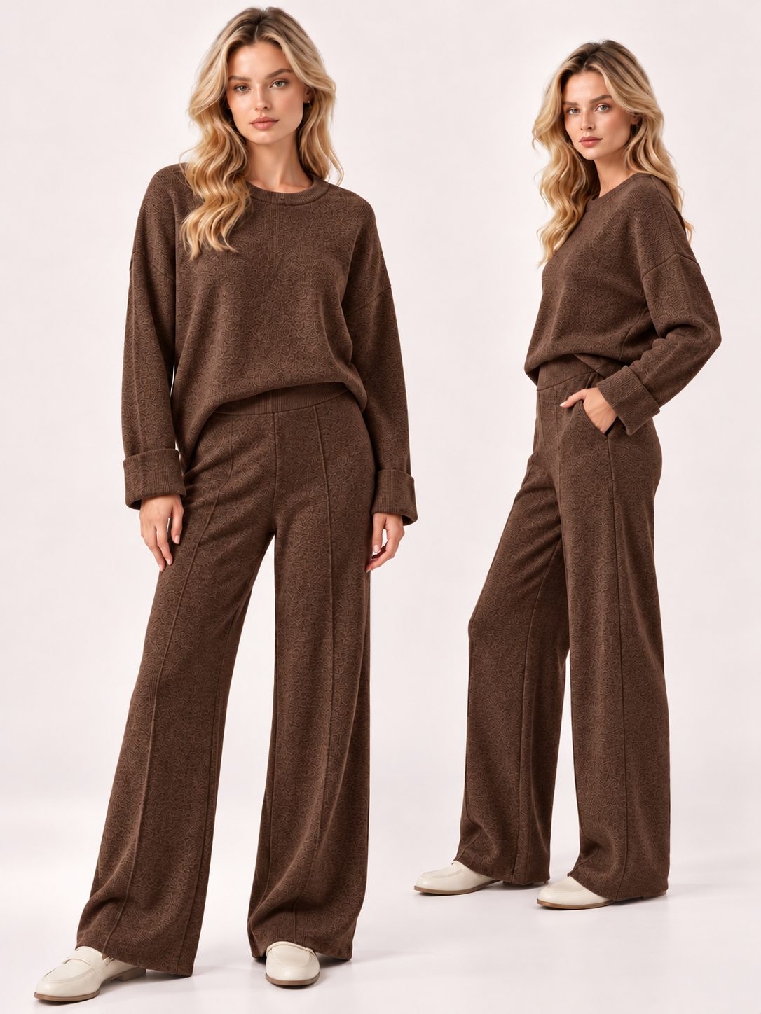 Damen Feinstrick Zweiteiler – Pullover & Wide-Leg Hose