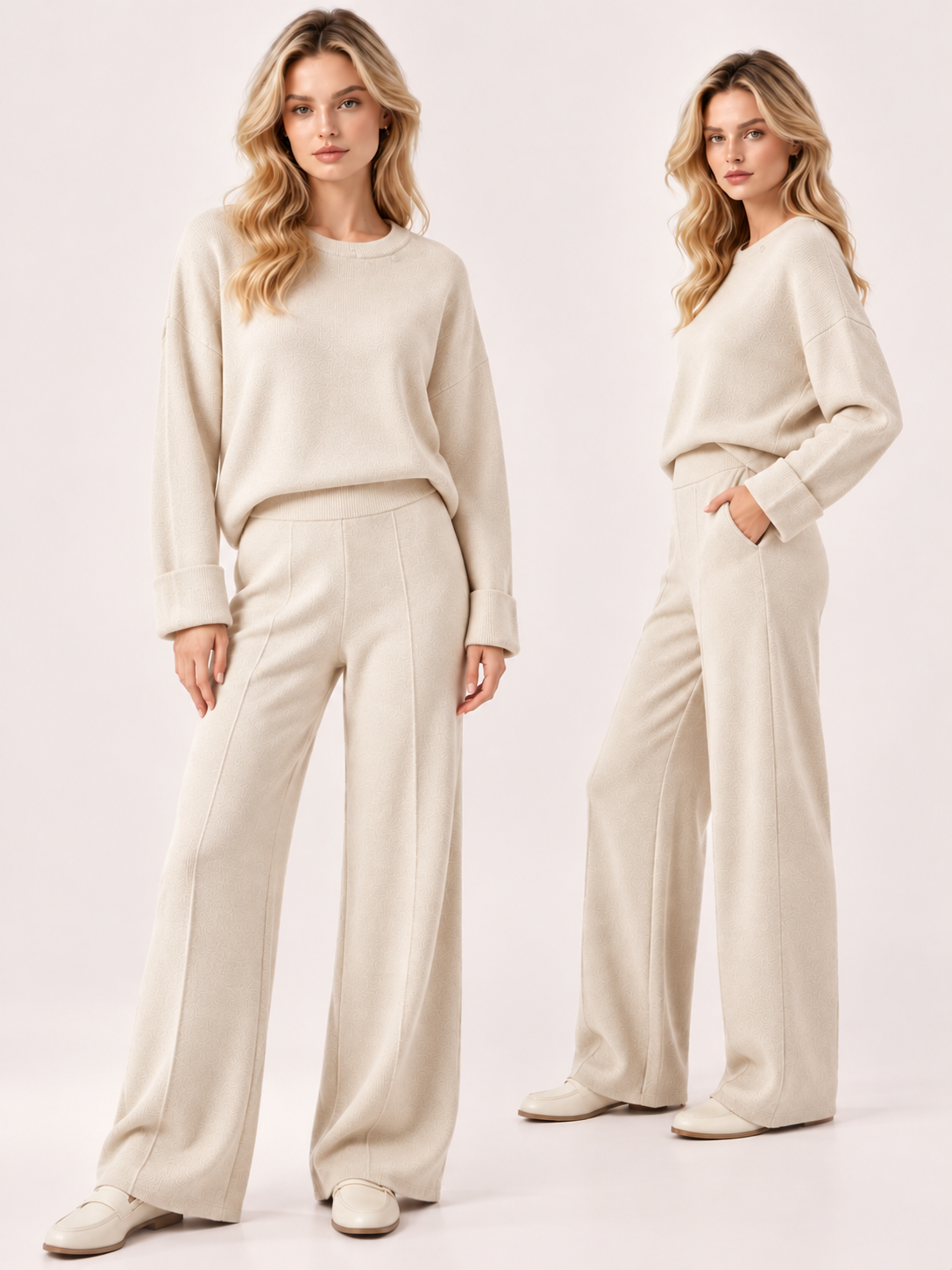 Damen Feinstrick Zweiteiler – Pullover & Wide-Leg Hose