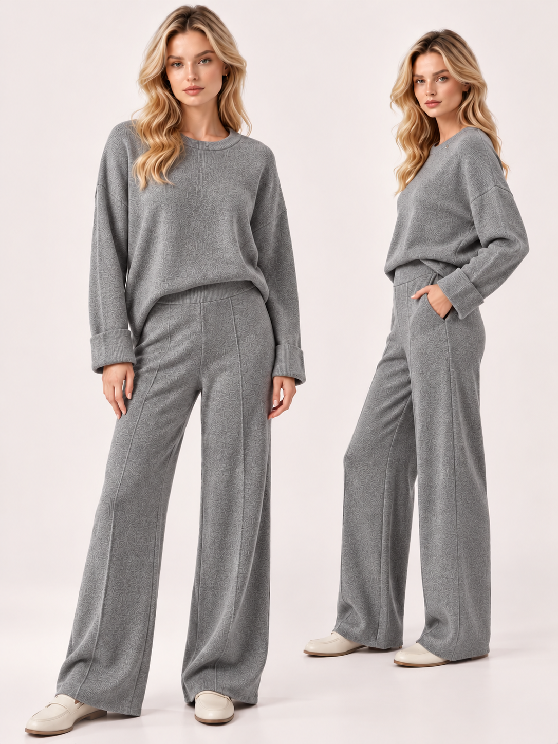 Damen Feinstrick Zweiteiler – Pullover & Wide-Leg Hose