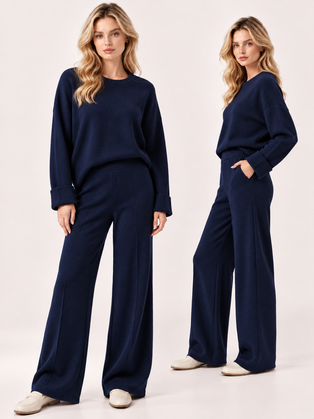 Damen Feinstrick Zweiteiler – Pullover & Wide-Leg Hose