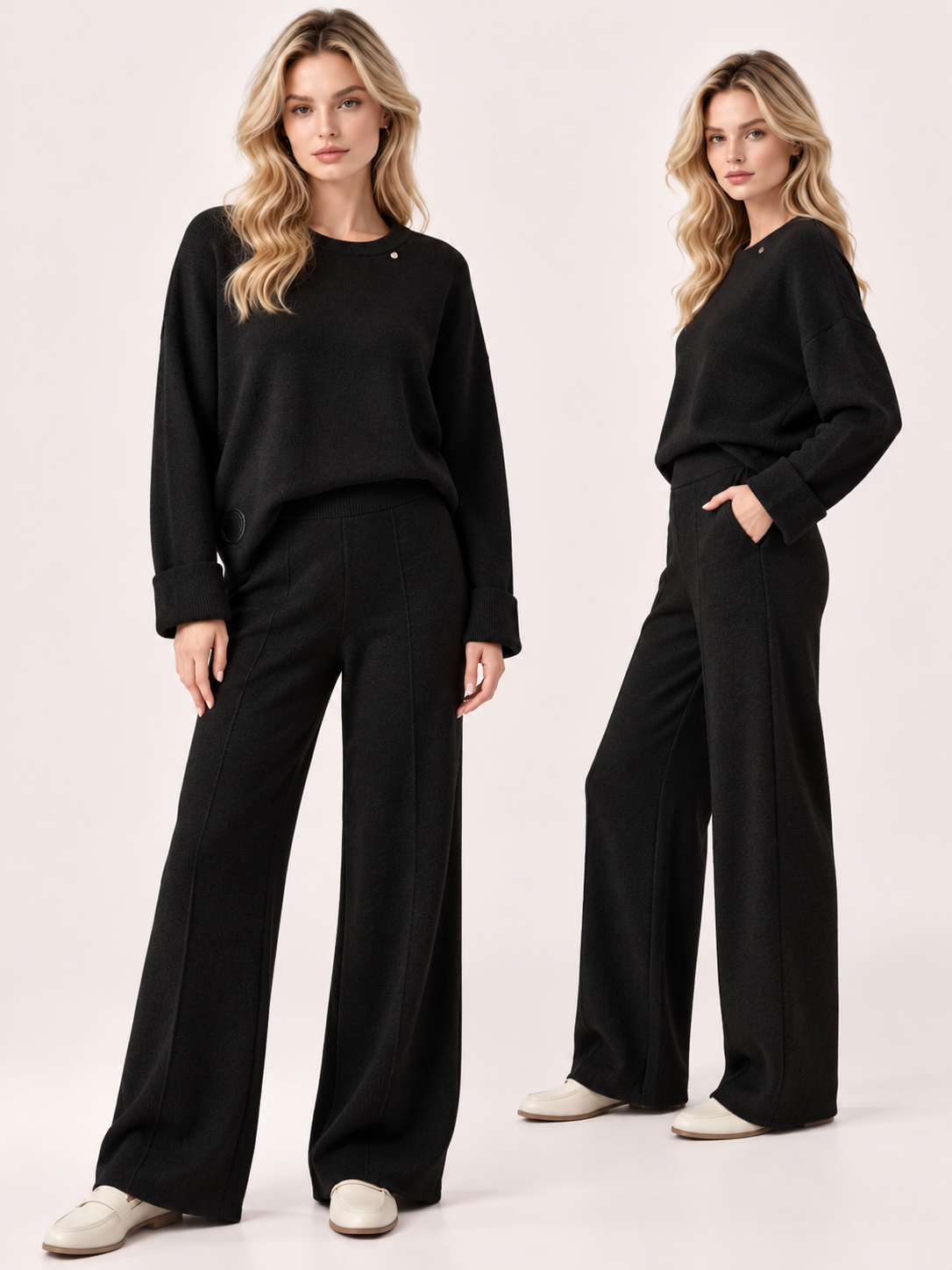 Damen Feinstrick Zweiteiler – Pullover & Wide-Leg Hose
