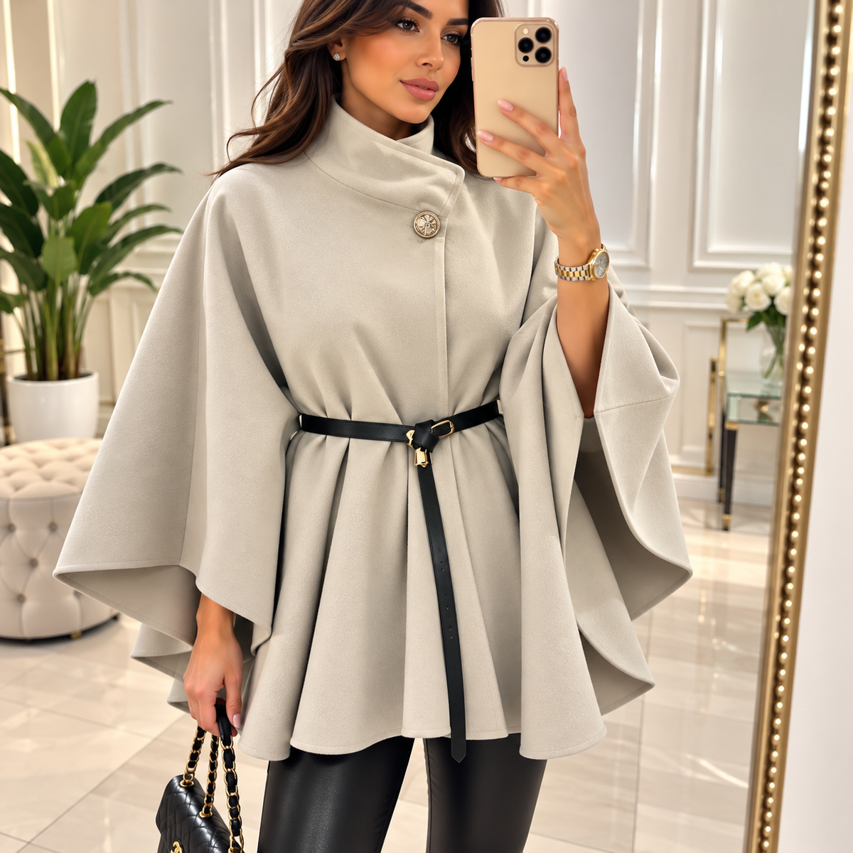 Eleganter Poncho-Mantel mit Stehkragen & Gürtel