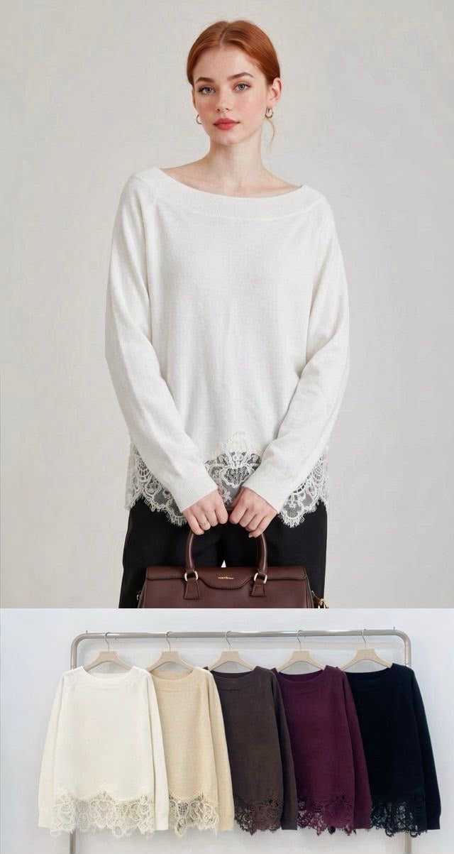 Damen Strickpullover mit Spitzensaum – Eleganter Pullover