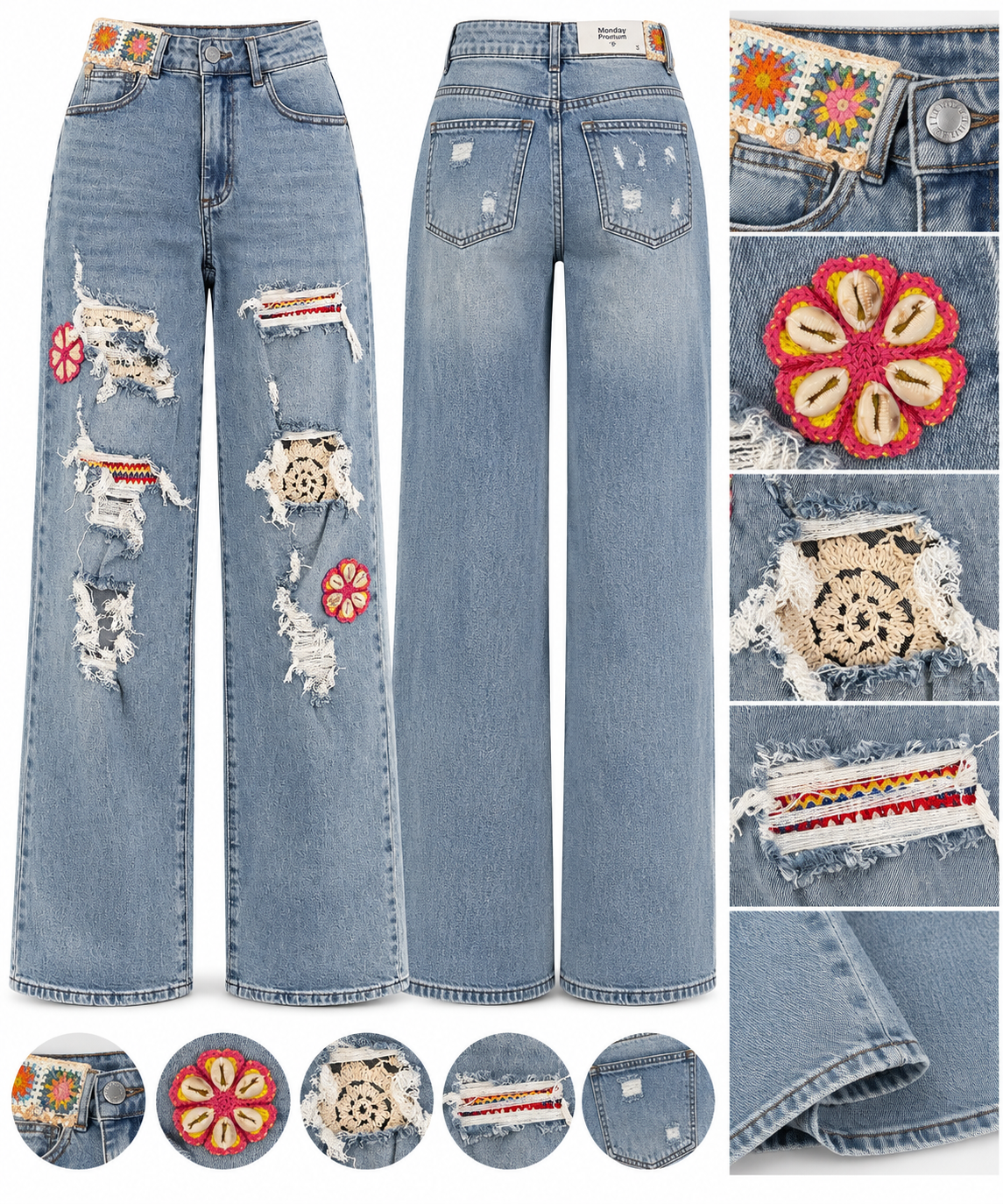 Destroyed Wide-Leg Jeans mit Häkel-Details – Hellblau