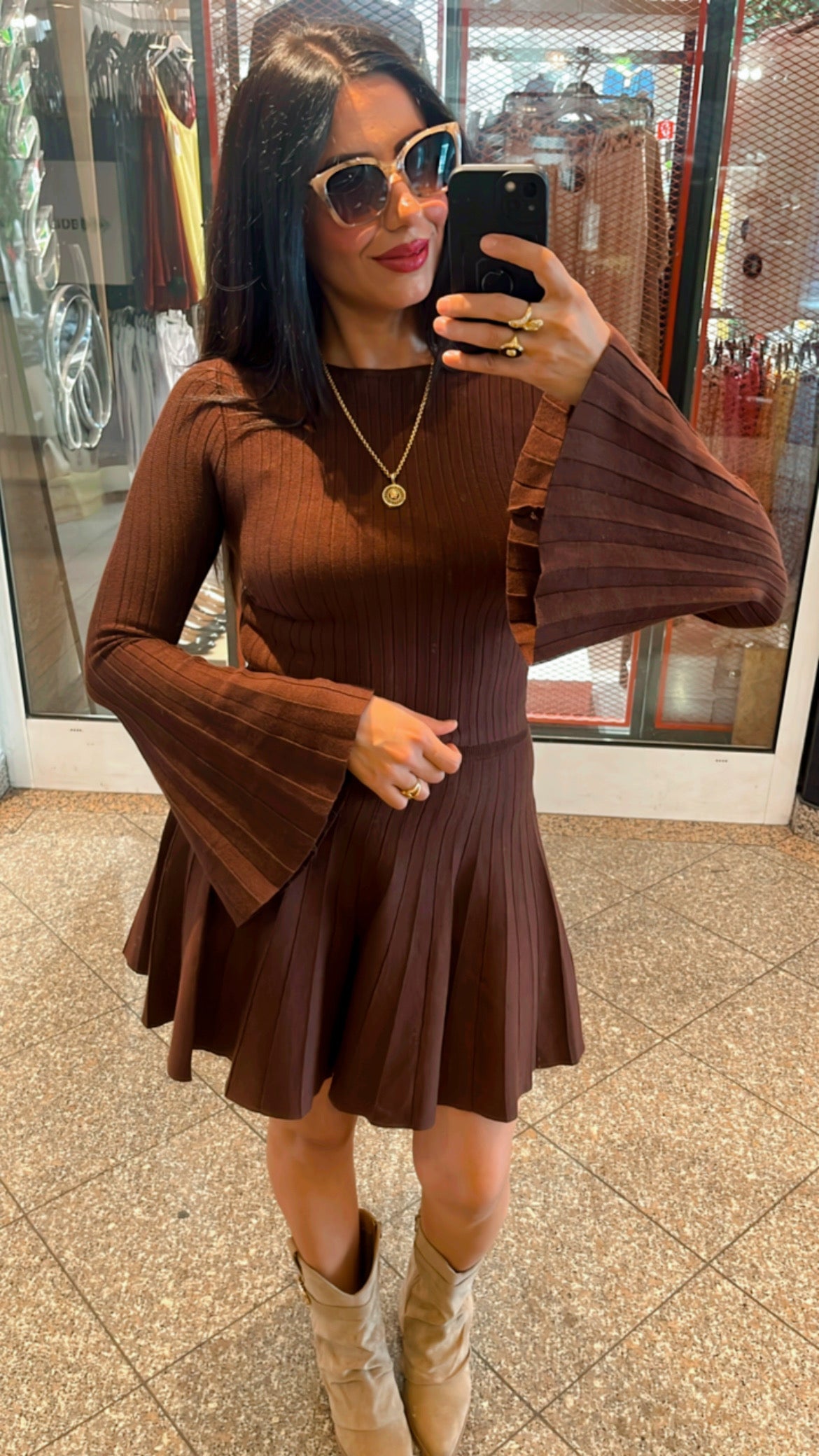 Elegant knitted two-piece with trumpet sleeves