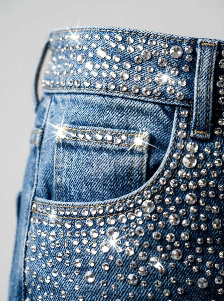 Wide-leg denim jeans — Rhinestone Detail Macro | Generated by Modelize