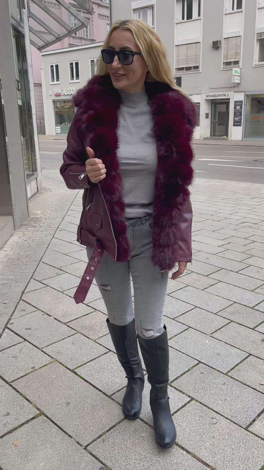 GEFÜTTERTE LEDERJACKE  MIT FELL Bordeaux