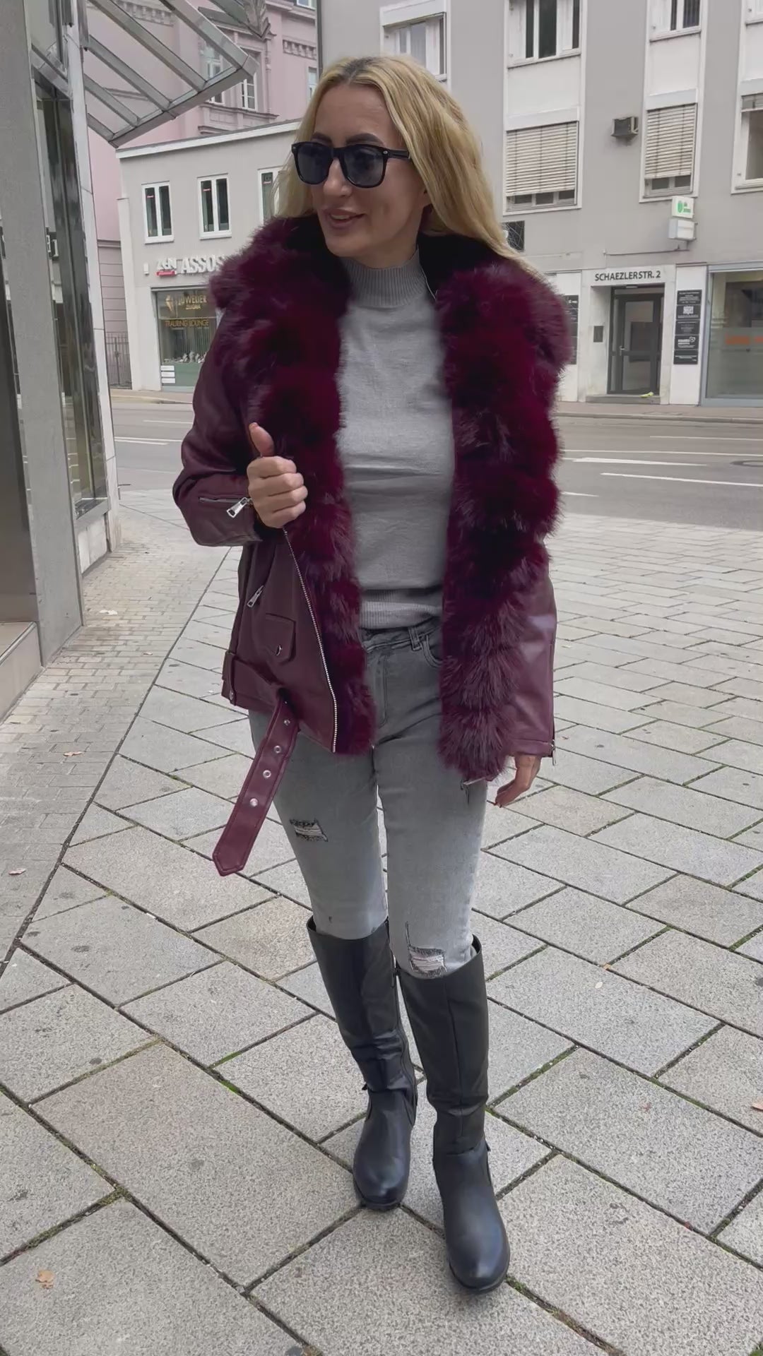 GEFÜTTERTE LEDERJACKE  MIT FELL Bordeaux