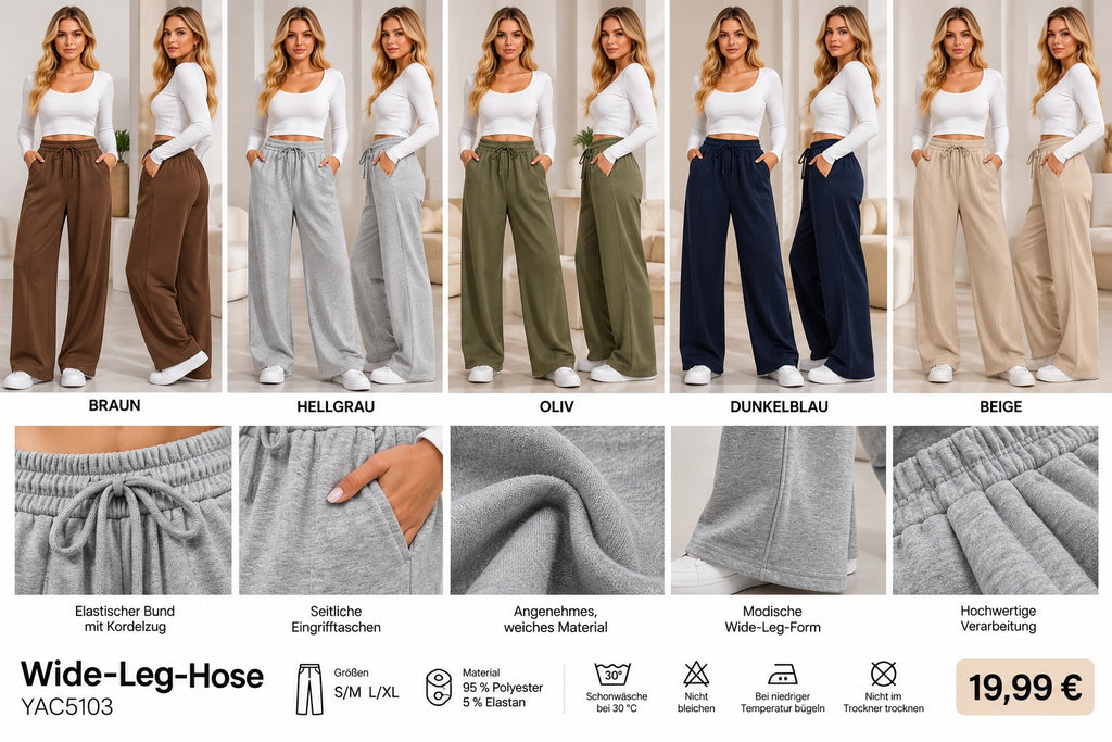 Wide-Leg-Hose YAC5103 in Braun, Hellgrau, Oliv, Dunkelblau und Beige
