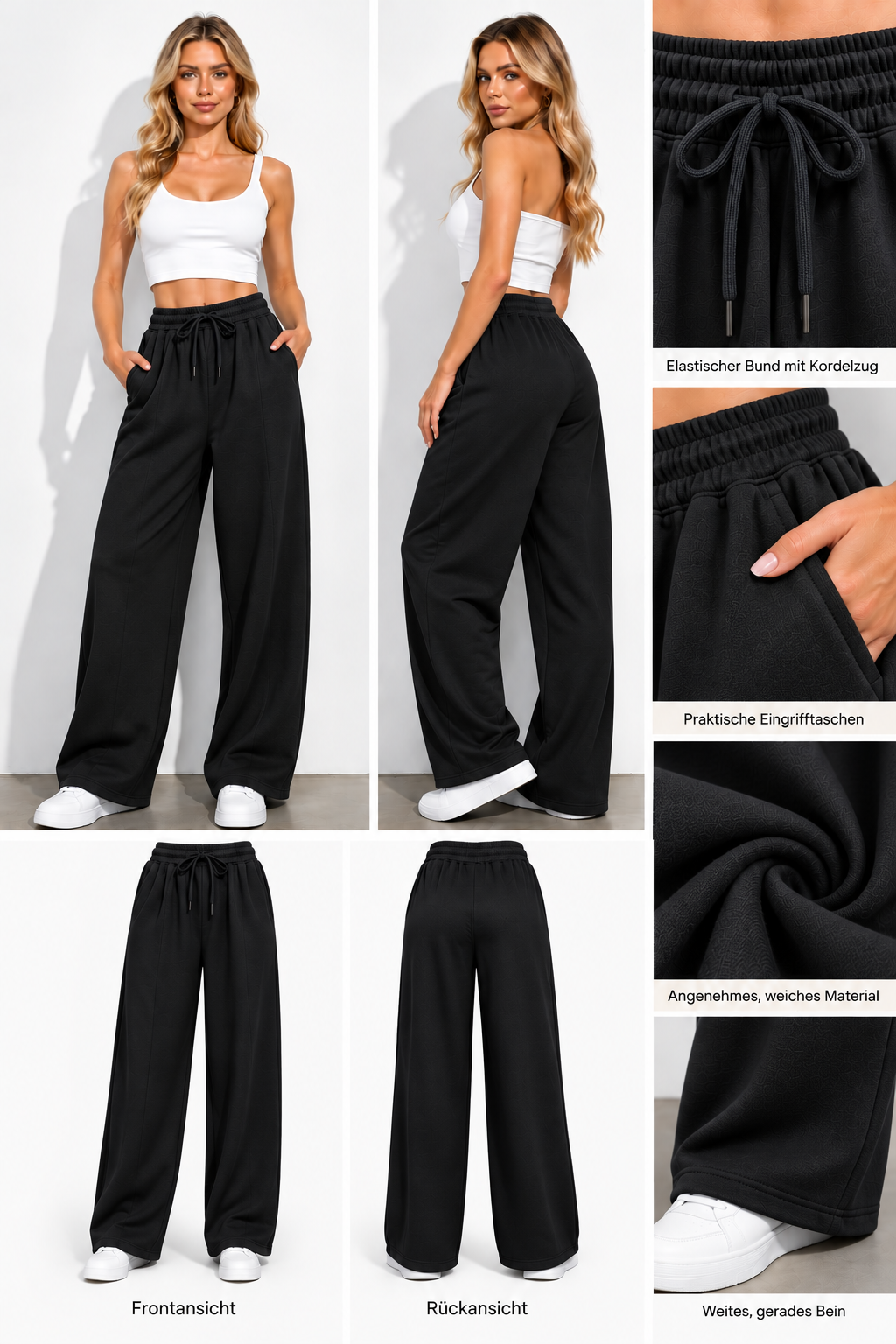 Wide-Leg Hose YAC5103 in Schwarz – Vorderansicht, Rückansicht und Detailansichten